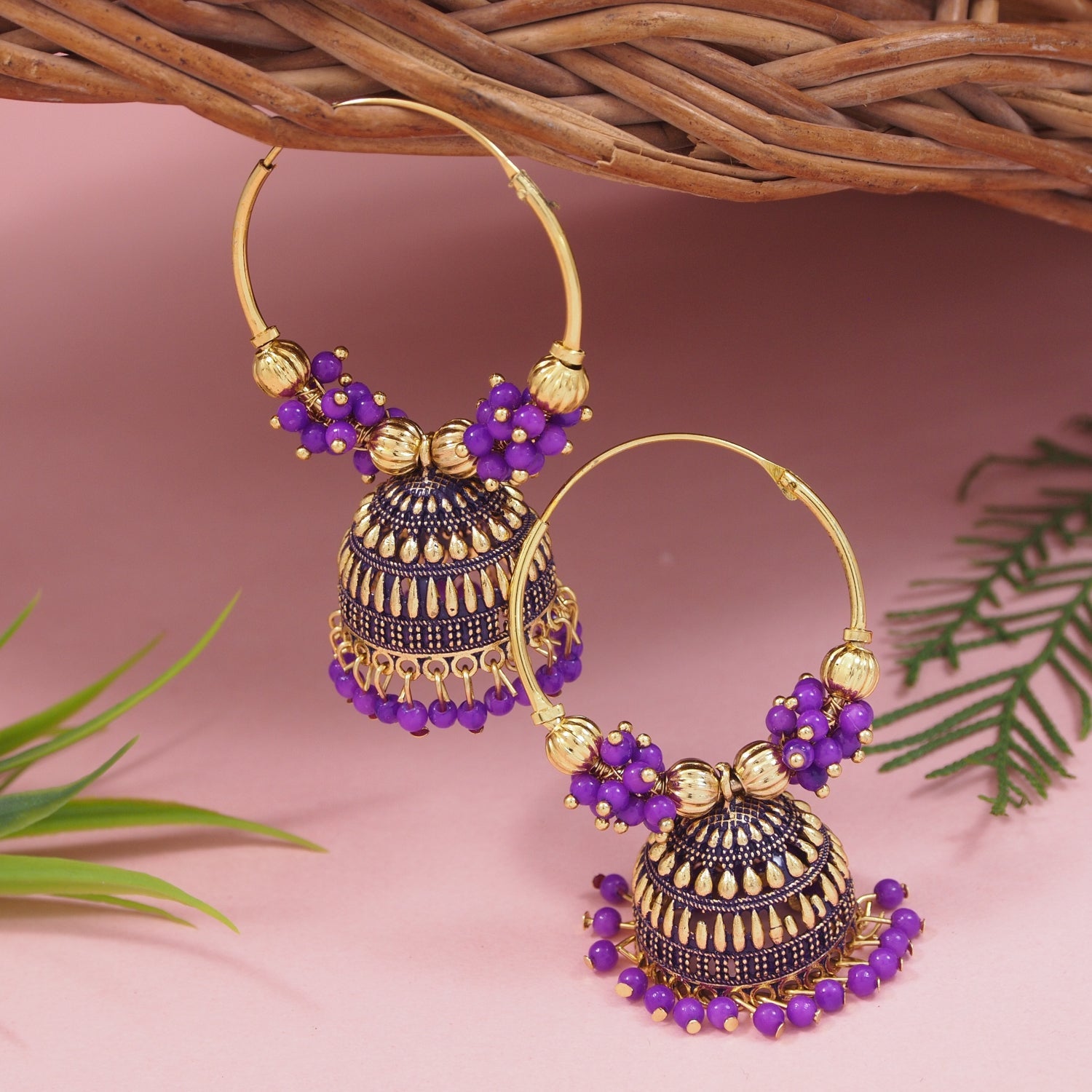 Etnico Gold Plated Traditional Handcrafted Beaded Jhumka Hoop Earrings for Women
