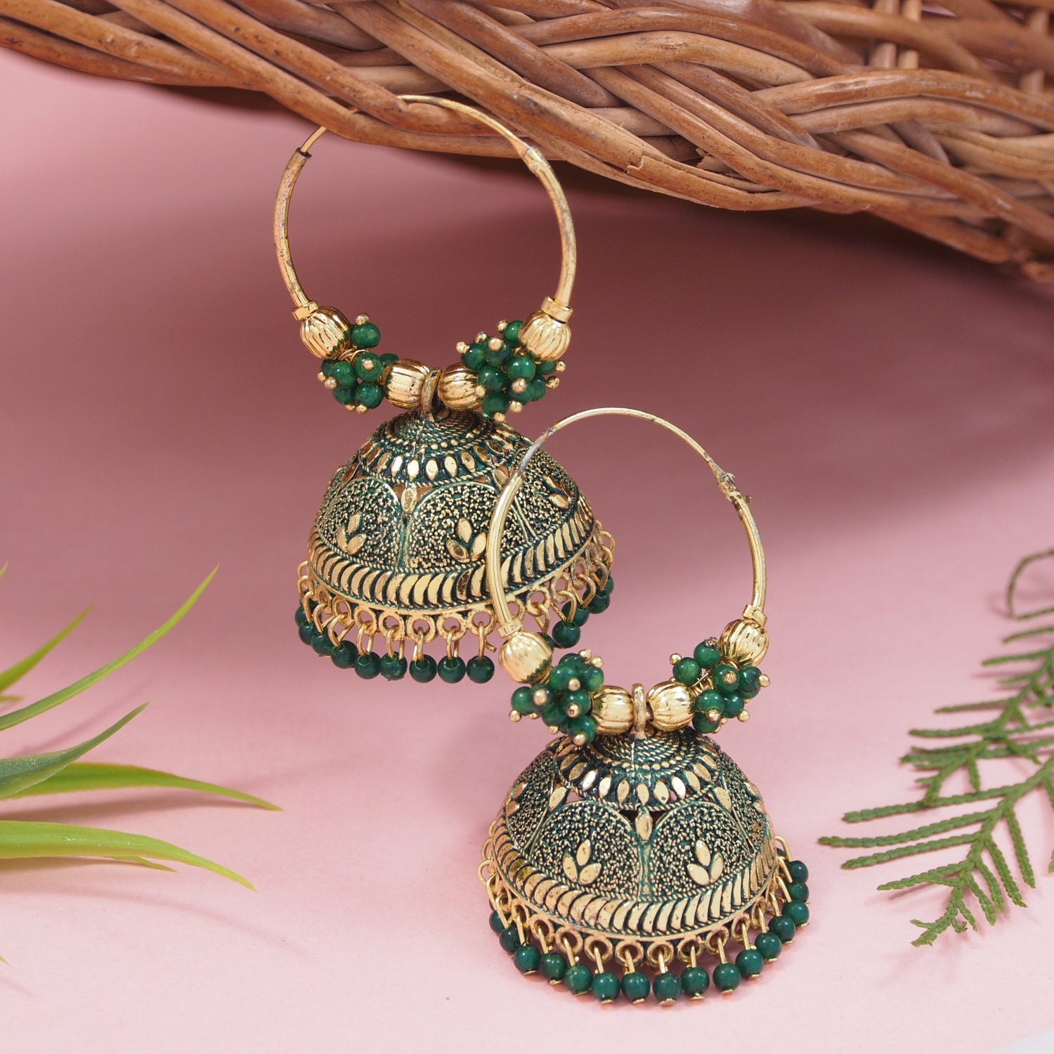 Etnico Gold Plated Handcrafted Floral Beaded Jhumka Hoop Earrings for Women