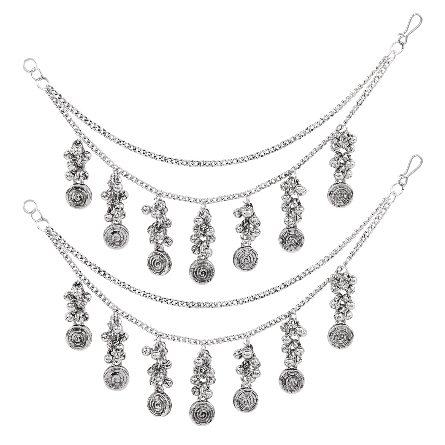 Etnico Navratri Silver Oxidised Layered Ear Chains with Danglers for Women