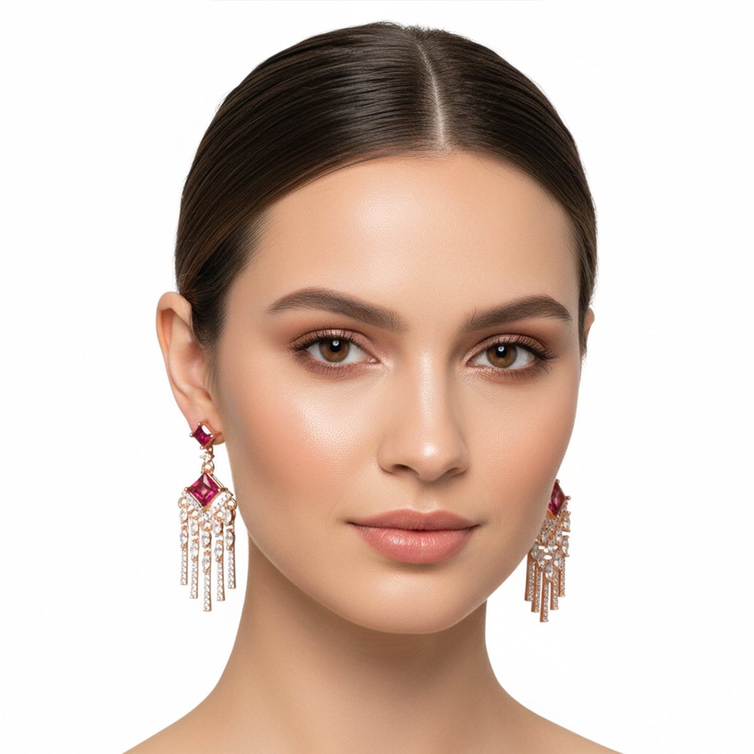 Etnico Rose Gold Plated American Diamond Cubic Zirconia Dangler Earrings