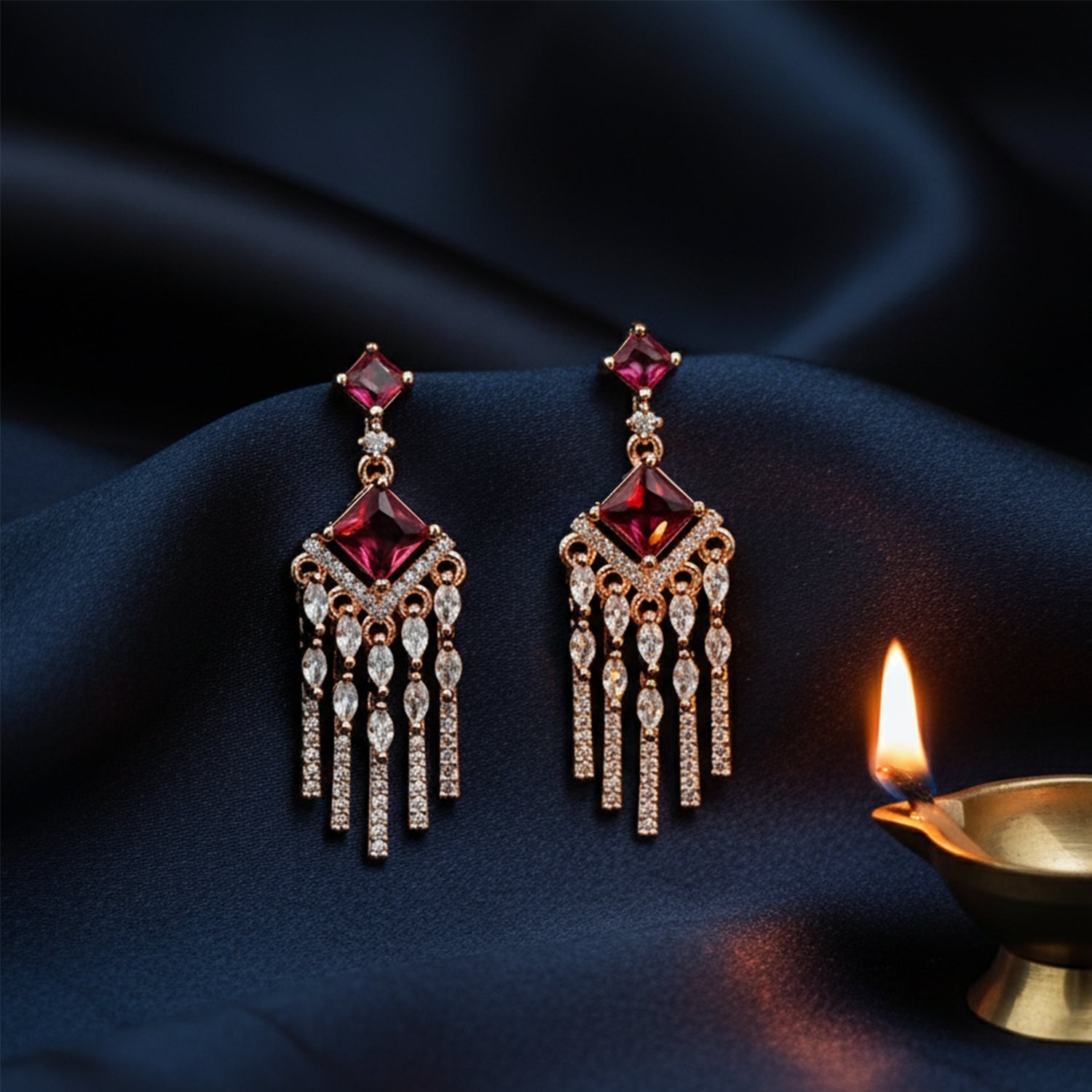 Etnico Rose Gold Plated American Diamond Cubic Zirconia Dangler Earrings