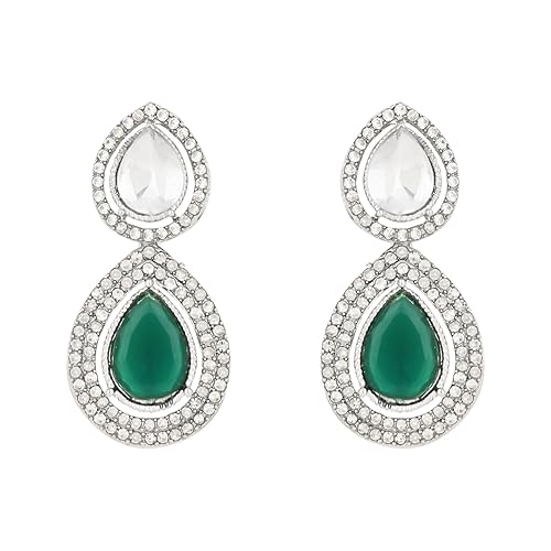 Etnico Silver Plated Traditional Stone & Beads Tear Drop Earrings For Women