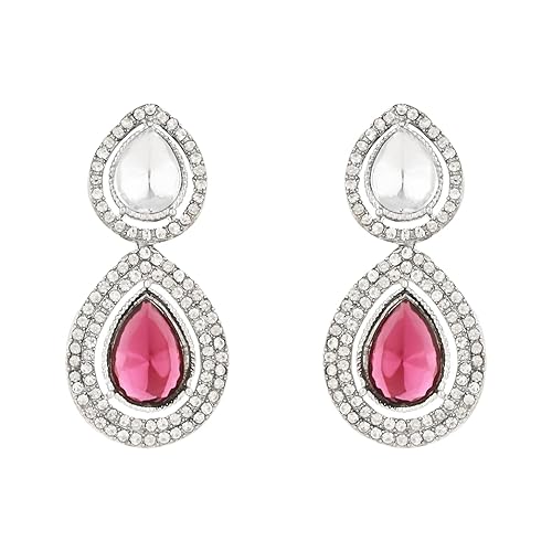 Etnico Silver Plated Traditional Stone & Beads Tear Drop Earrings For Women