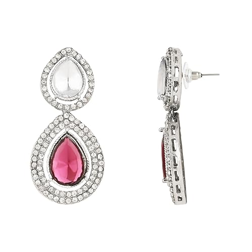 Etnico Silver Plated Traditional Stone & Beads Tear Drop Earrings For Women