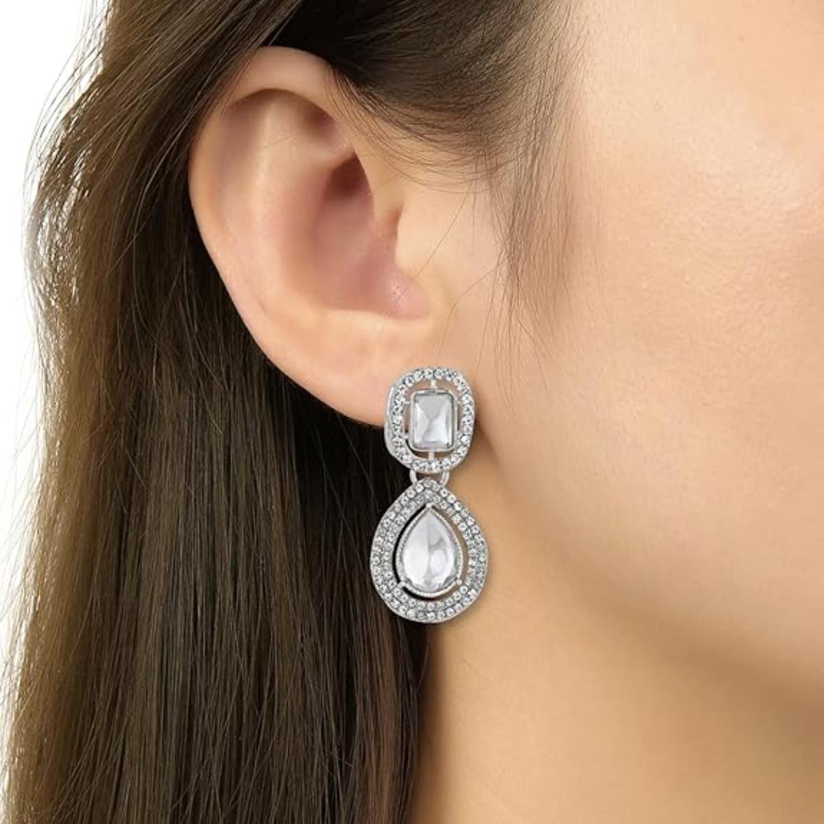 Etnico Silver Plated Traditional Stone & Beads Tear Drop Earrings For Women