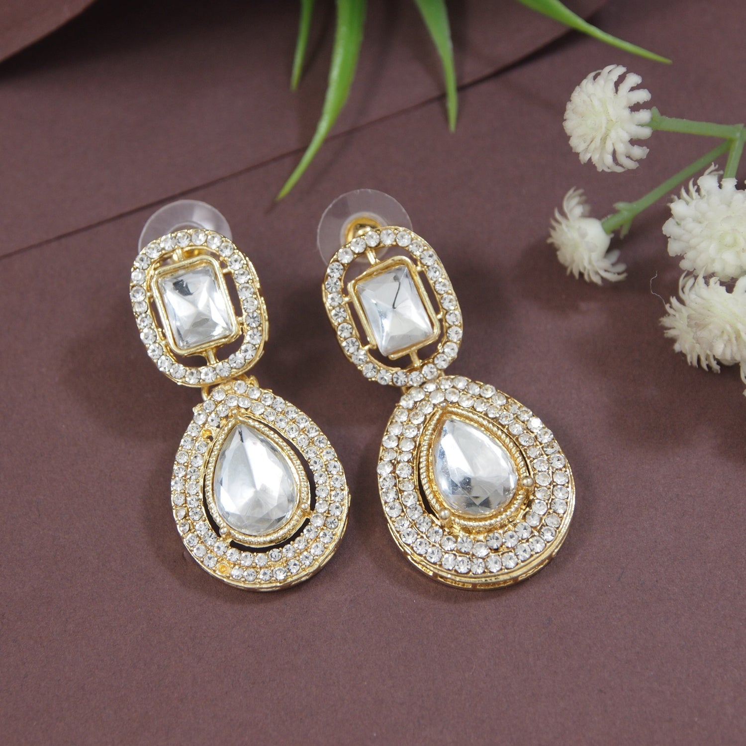 Etnico Gold Plated Traditional Stone & Beads Tear Drop Earrings For Women