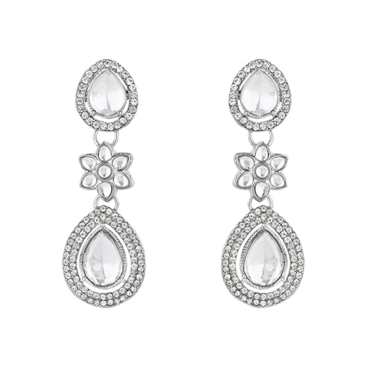 Etnico Silver Plated Traditional Stone & Beads Tear Drop Earrings For Women
