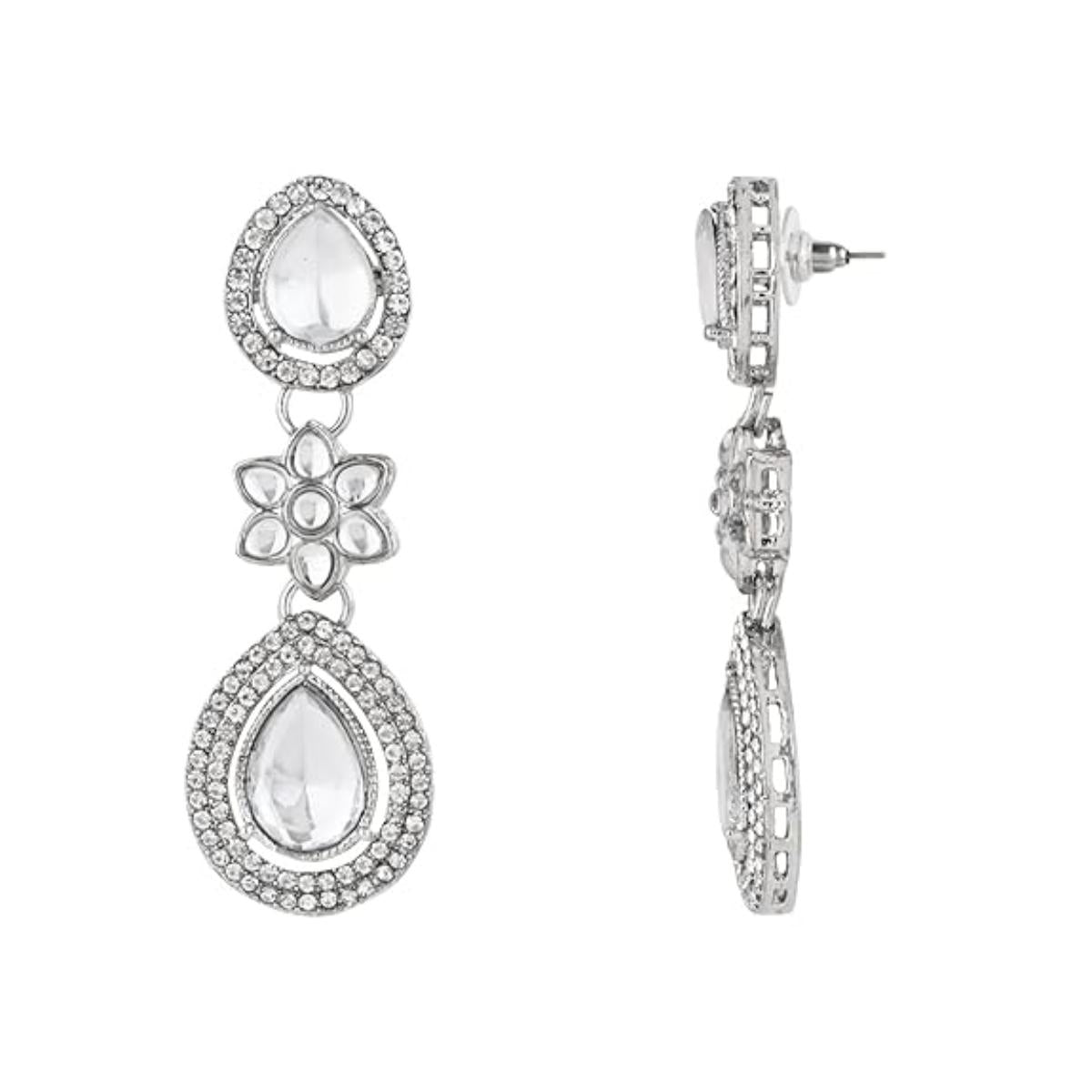 Etnico Silver Plated Traditional Stone & Beads Tear Drop Earrings For Women
