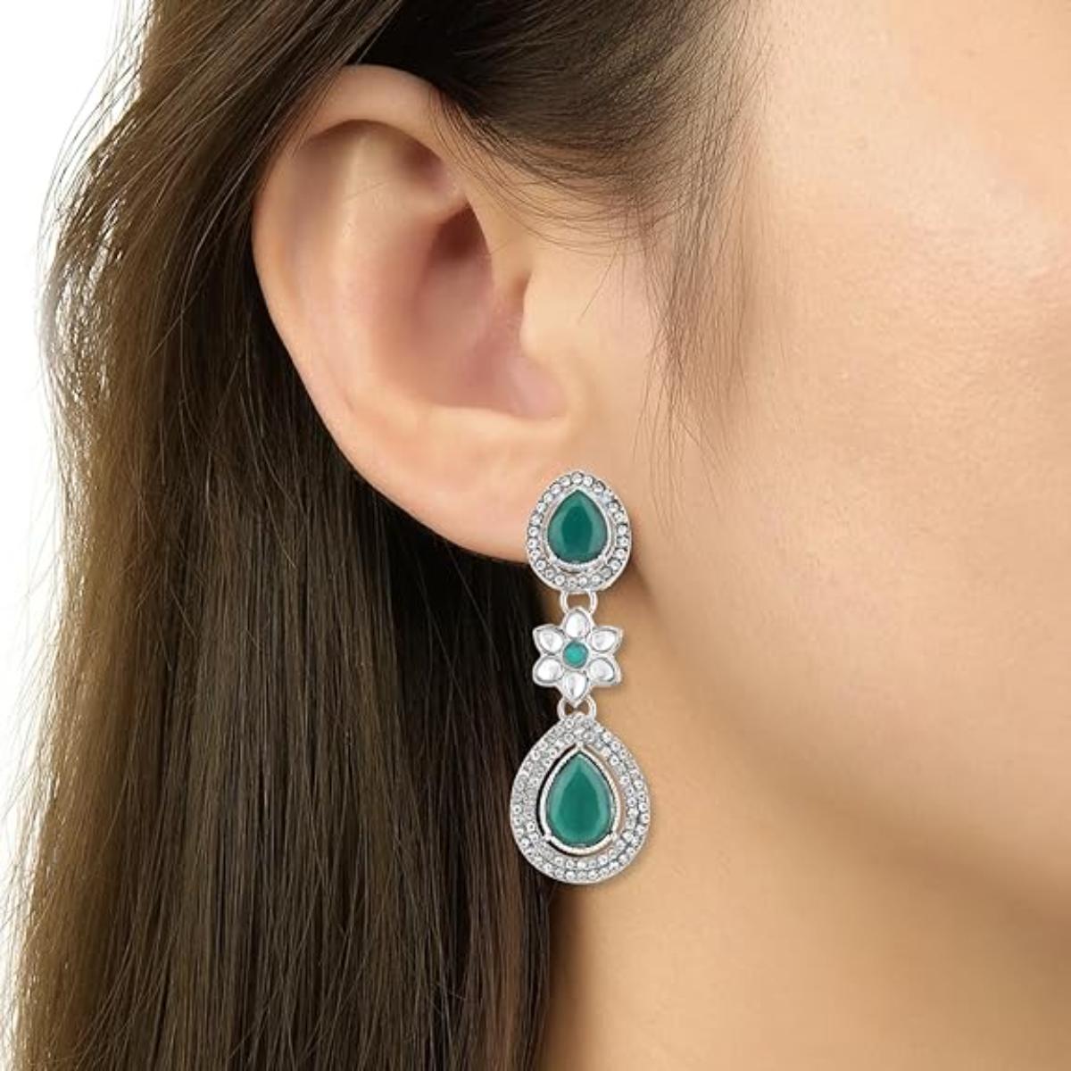 Etnico Silver Plated Traditional Stone & Beads Tear Drop Earrings For Women