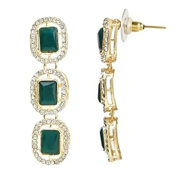 Etnico Gold Plated Mother's Day Special Traditional Green Stone Drop Dangle Earrings For Women