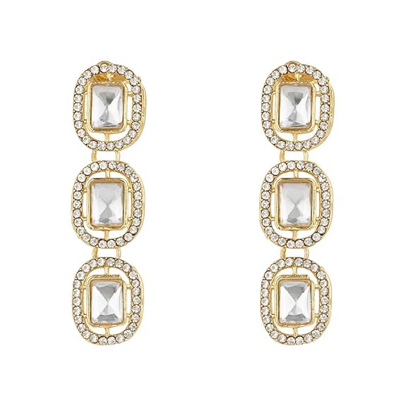 Etnico Gold Plated Traditional White Stone Drop Dangle Earrings For Women