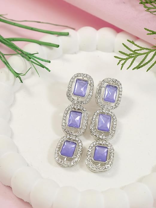 Etnico Silver Plated Traditional White Stone Drop Dangle Earrings For Women