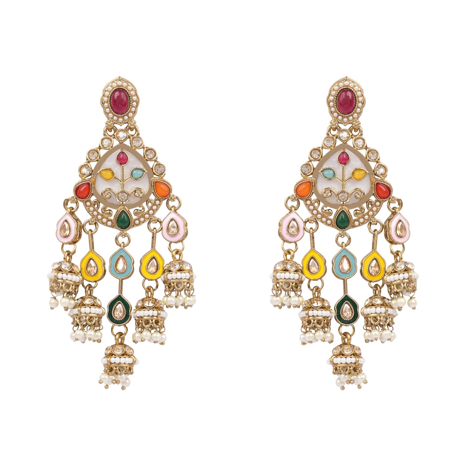 Etnico Gold Plated Traditional Kundan and Mother of Pearl Jhumki Danglers Earrings for Women