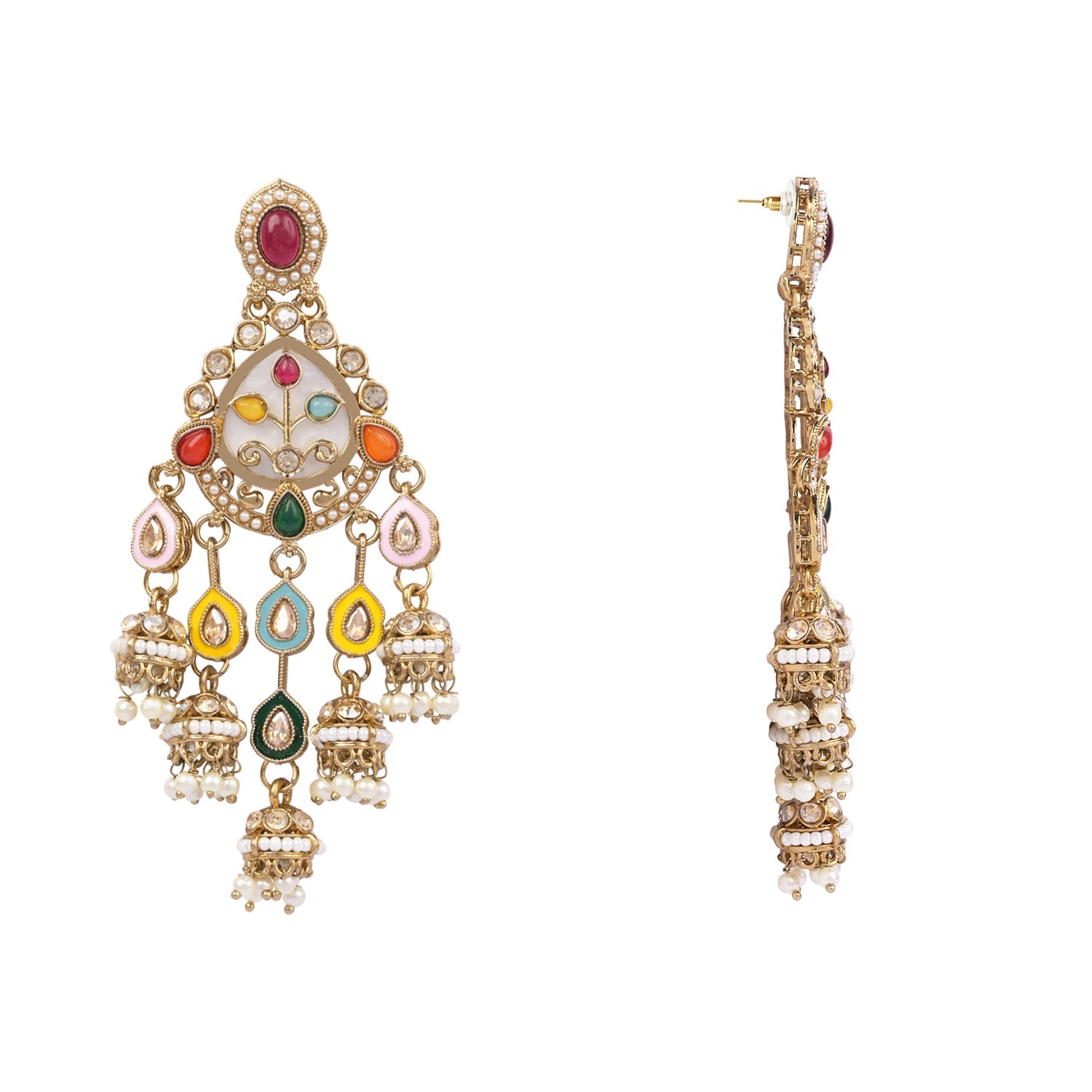 Etnico Gold Plated Traditional Kundan and Mother of Pearl Jhumki Danglers Earrings for Women