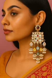 Etnico Gold Plated Traditional Multicolor Kundan and Mother of Pearl Jhumki Danglers Long Earrings for Women 