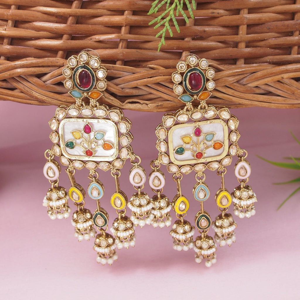 Etnico Gold Plated Traditional Multicolor Kundan and Mother of Pearl Jhumki Danglers Long Earrings for Women