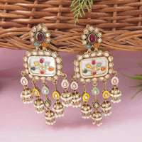 Etnico Gold Plated Traditional Multicolor Kundan and Mother of Pearl Jhumki Danglers Long Earrings for Women