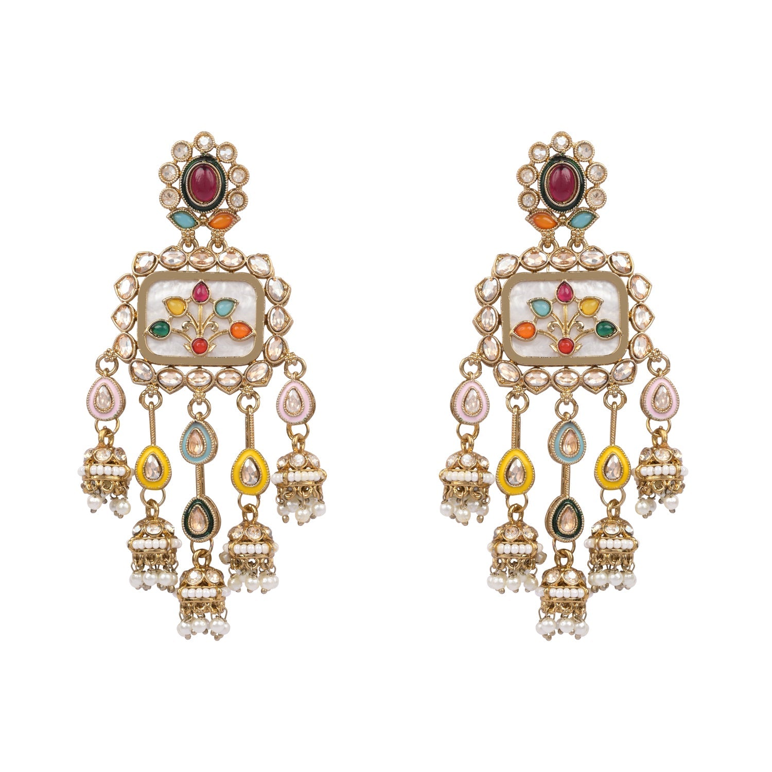 Etnico Gold Plated Traditional Multicolor Kundan and Mother of Pearl Jhumki Danglers Long Earrings for Women
