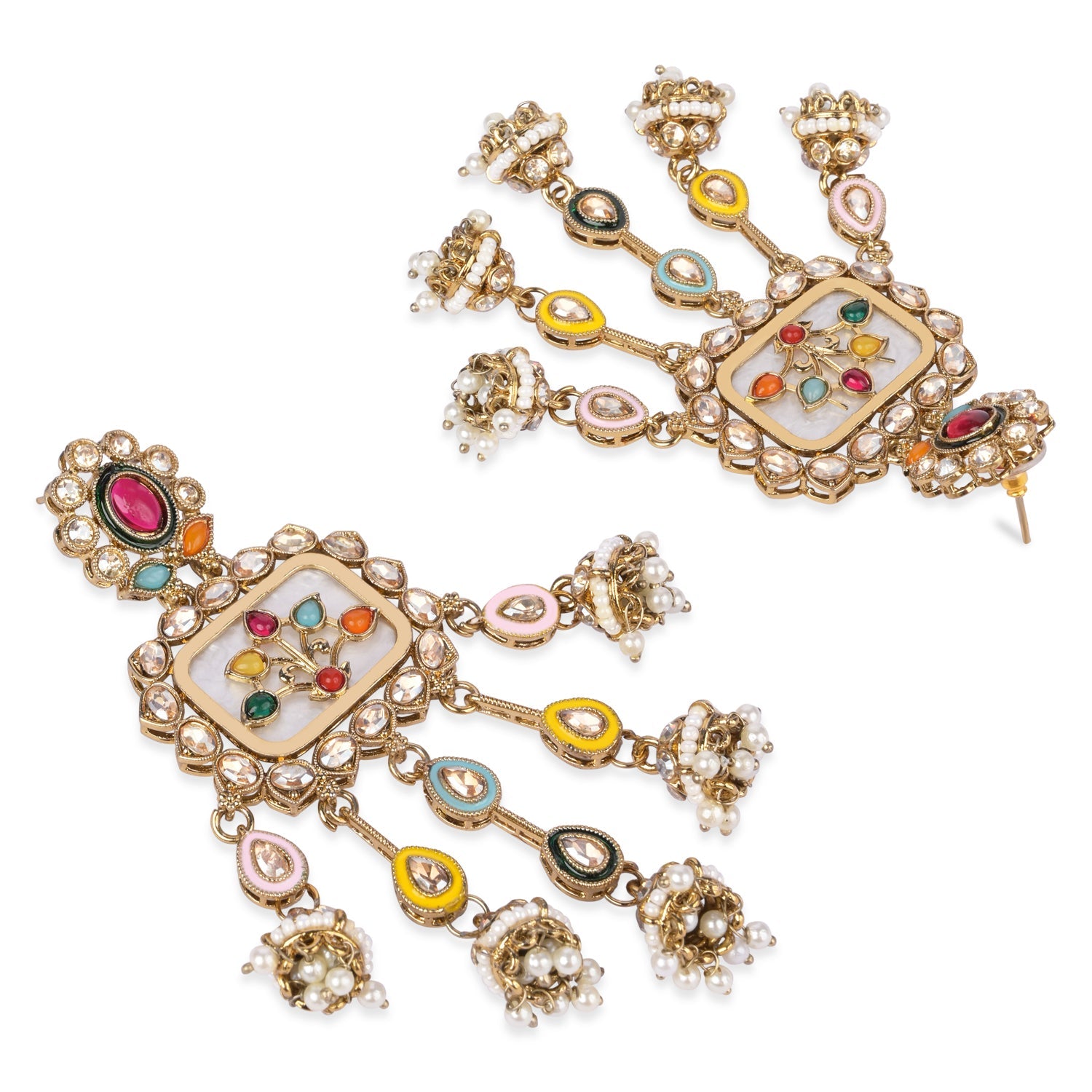 Etnico Gold Plated Traditional Multicolor Kundan and Mother of Pearl Jhumki Danglers Long Earrings for Women