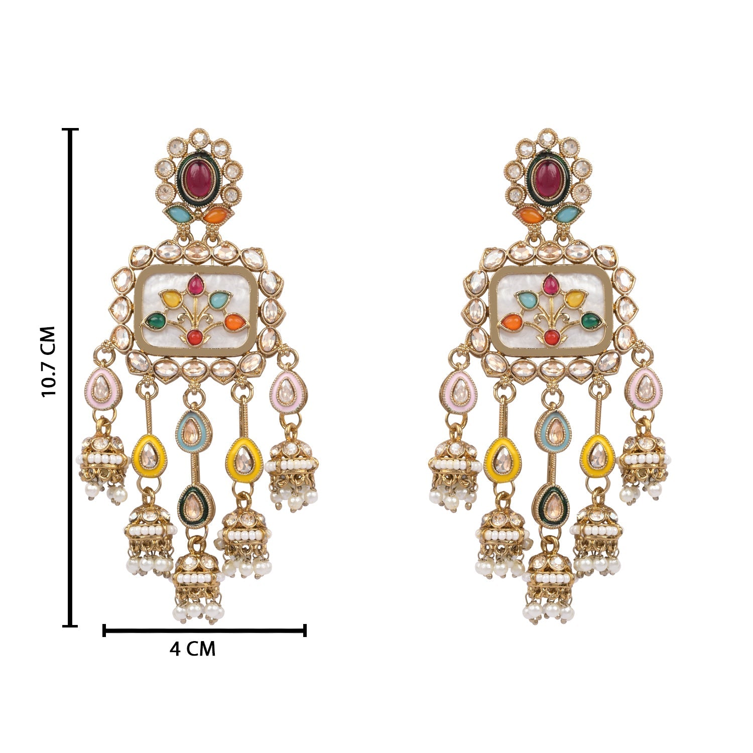 Etnico Gold Plated Traditional Multicolor Kundan and Mother of Pearl Jhumki Danglers Long Earrings for Women