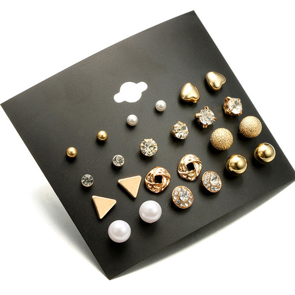 Salty All Things Gold Diamond Triangle Heart Inlaid 12 Pairs Stud Earrings - Stud Earrings