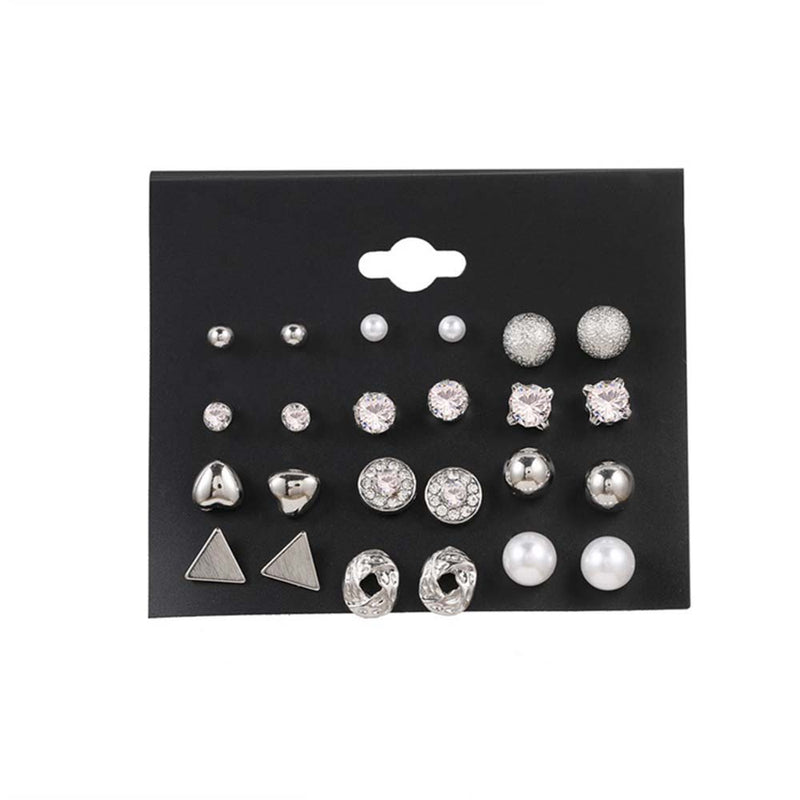 Salty All Things Silver Diamond Triangle Heart Inlaid 12 Pairs Stud Earrings - Stud Earrings