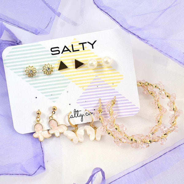 Salty Set of 6 Pink Hoops and Butterfly Earrings and Studs - Stud Earrings
