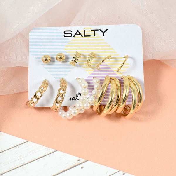 Salty Set of 6 Quirky Minimalist Gold Pearl Hoops and Cuffs - Hoop Earrings