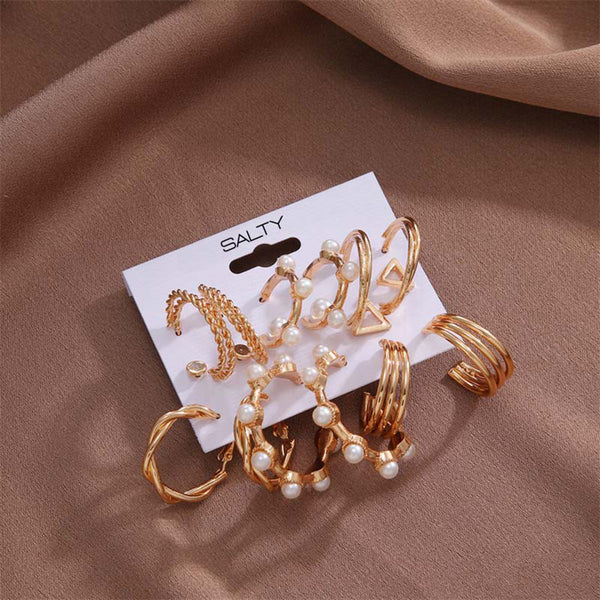 Salty Set of 9 Gold Personality Pearl Gold Plated Vintage Hoops and Studs - Hoop Earrings