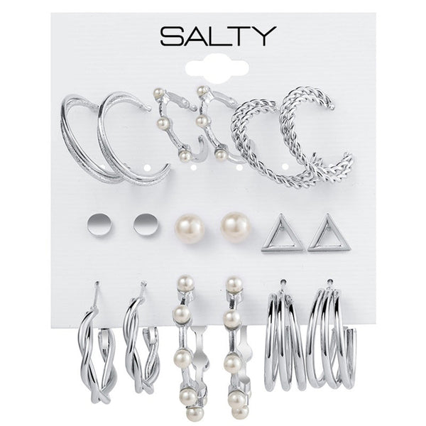 Salty Set of 9 Silver Personality Pearl Silver Plated Vintage Hoops and Studs - Hoop Earrings