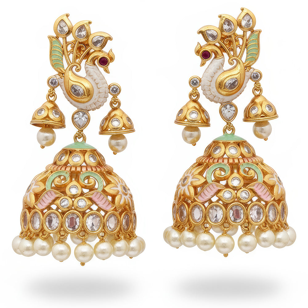 Js Fashion Royal Austrian Stone Pearl And Meenakari Jhumki Earrings for Women