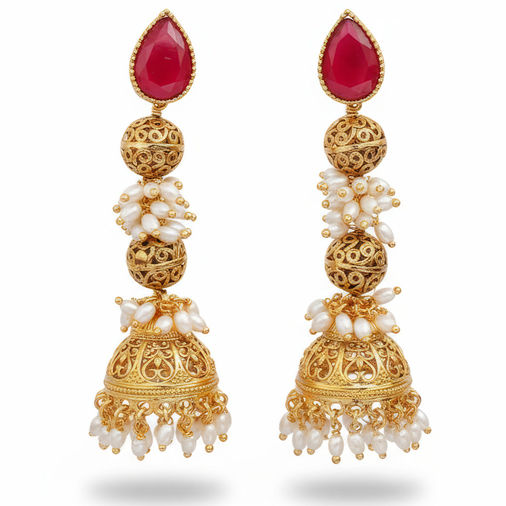 Js Fashion Designer Pota Stone With Pearls Jhumki Earrings