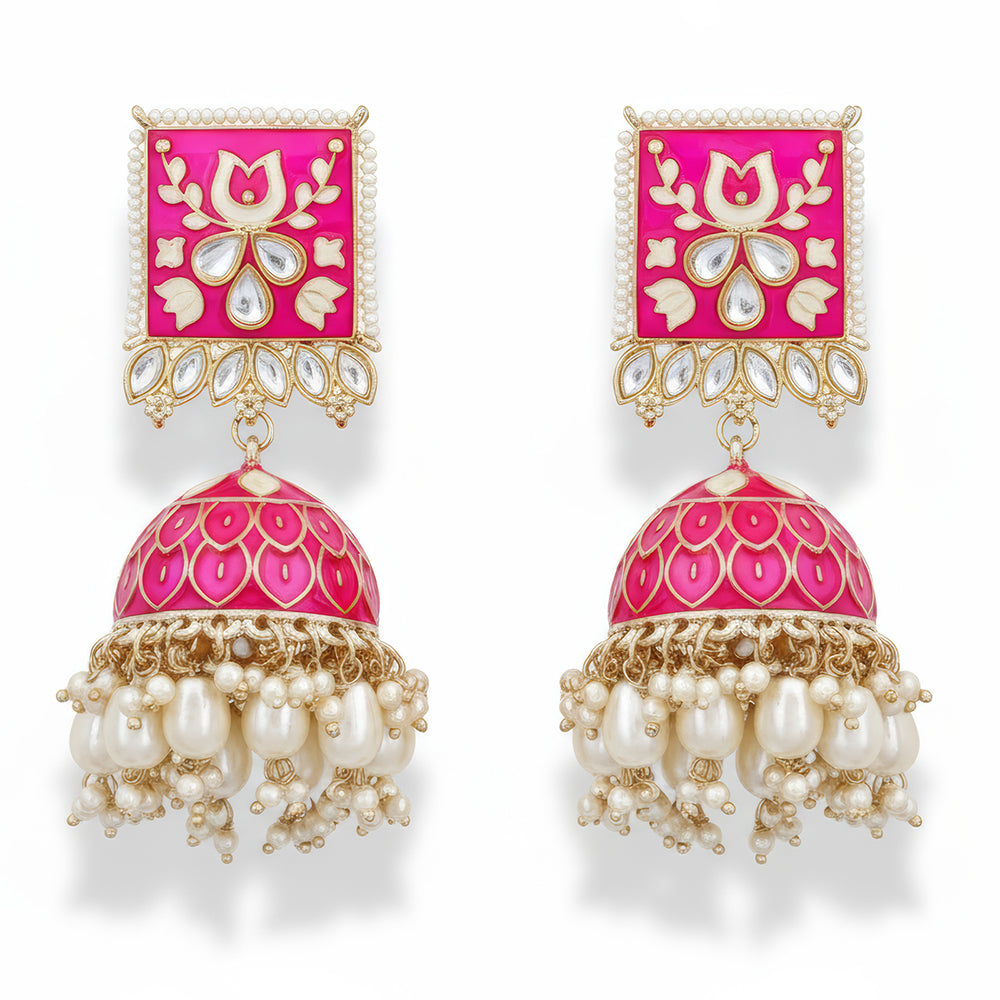Js Fashion Royal Kundan Stone Pearl And Meenakari Jhumki Earrings for Women