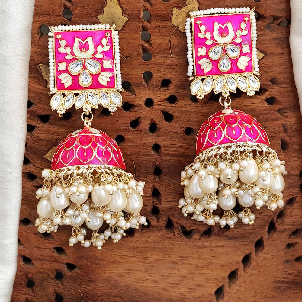 Js Fashion Royal Kundan Stone Pearl And Meenakari Jhumki Earrings for Women