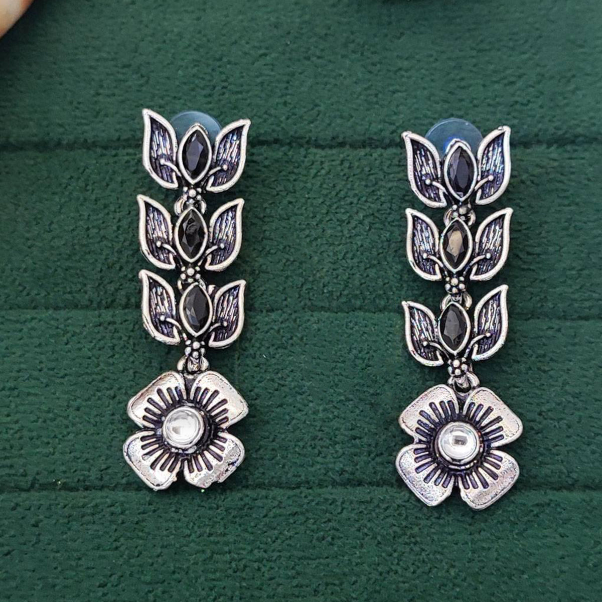 Js Fashion Beautiful Full Stone Oxidized Silver Fancy Style Earrings