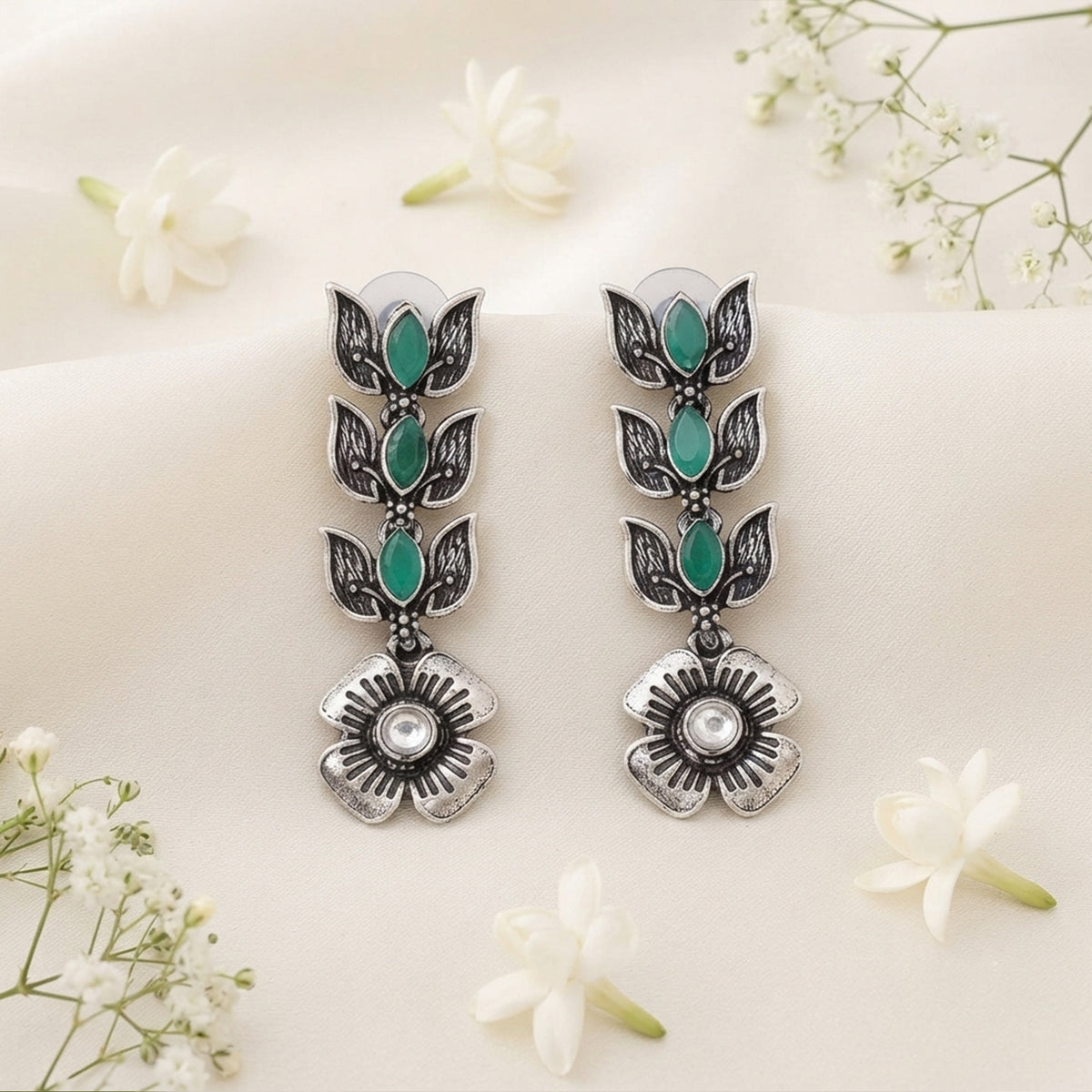 Js Fashion Beautiful Full Stone Oxidized Silver Fancy Style Earrings