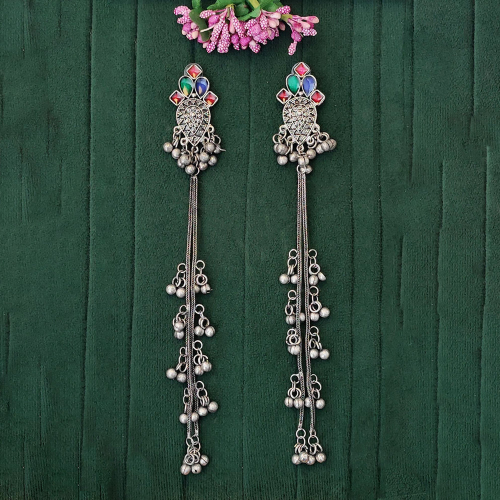 JS Fashion Oxidised Plated Designer Crystal Stone And Pearl Kashmiri Long Dangler Earrings