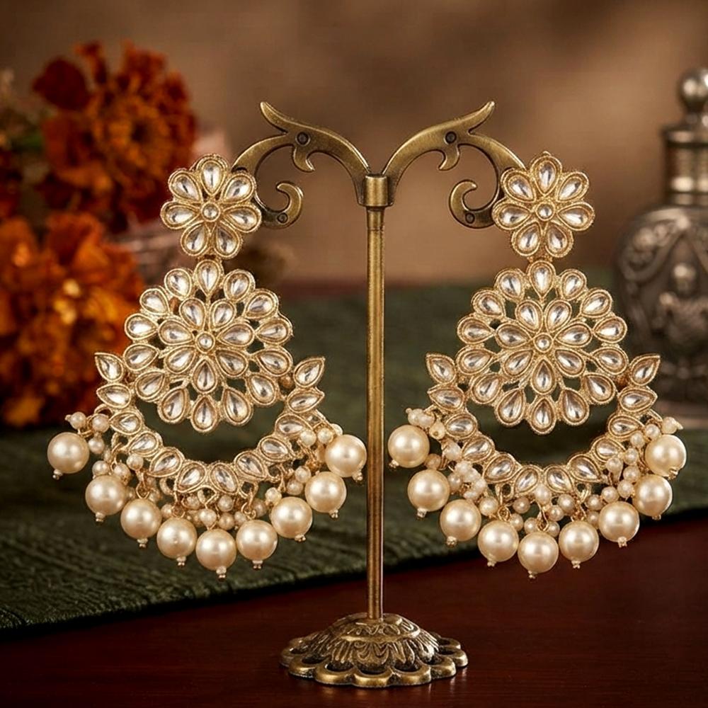 Js Fashion  Designer Pearl Chandbali Earrings with Kundan Work
