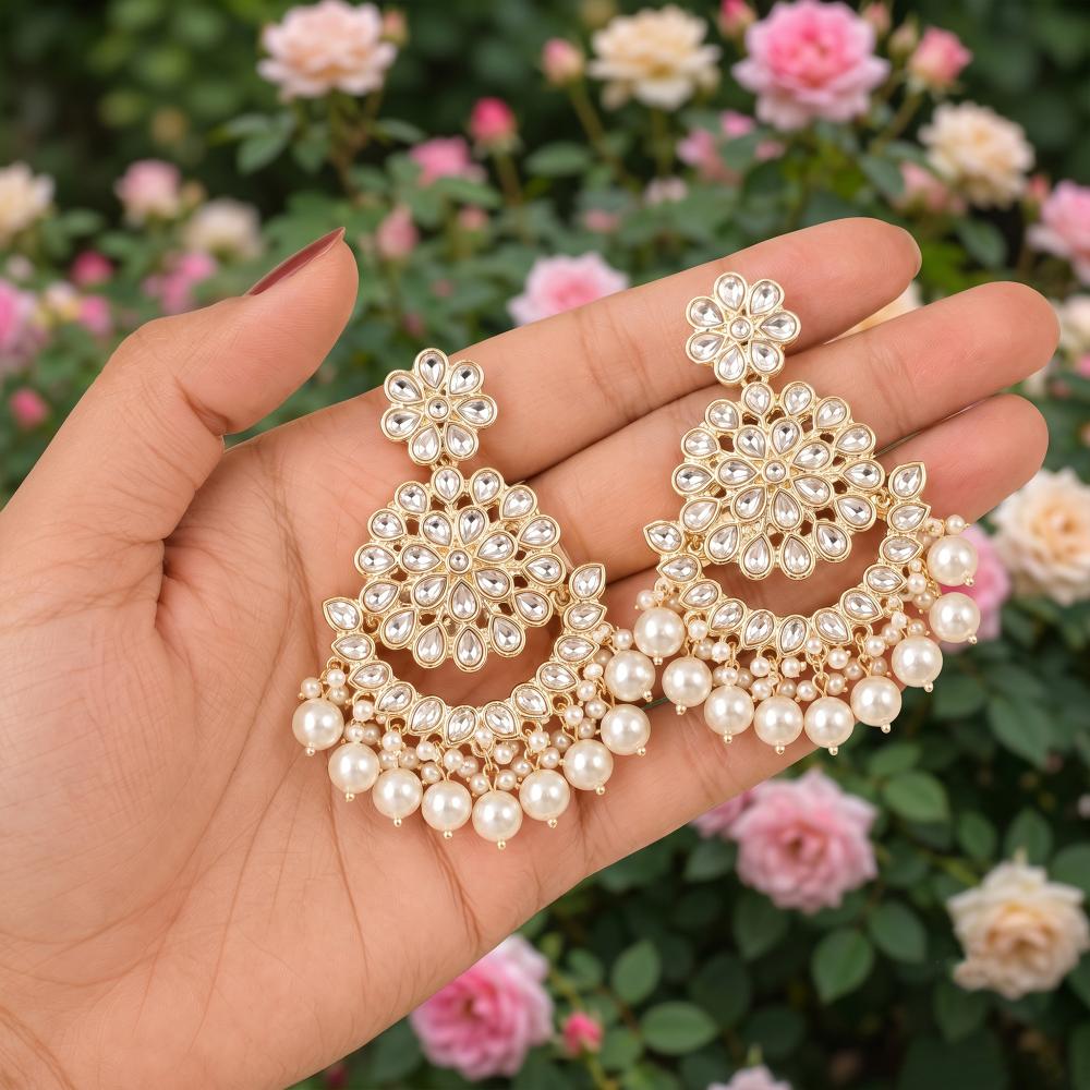 Js Fashion  Designer Pearl Chandbali Earrings with Kundan Work