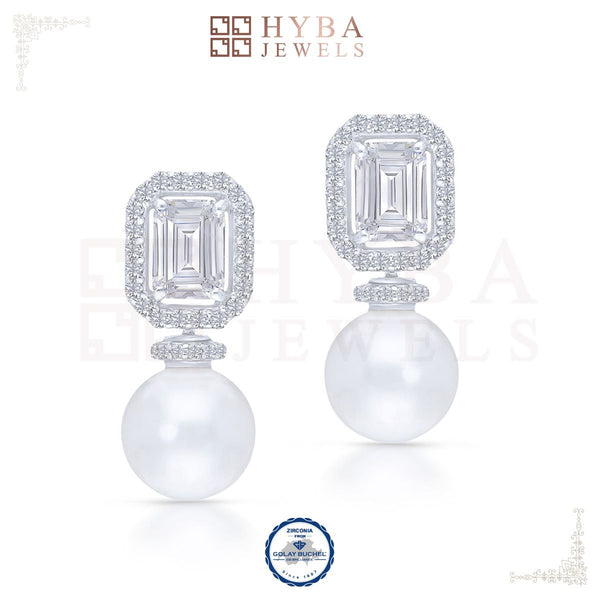 Emerald Cut White Pearl Earrings By Hyba Jewels