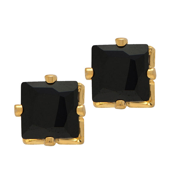 Darshana Jewels Pair of Gold Plated Square Stud Earrings Black Crystal Piercing Men's Earrings