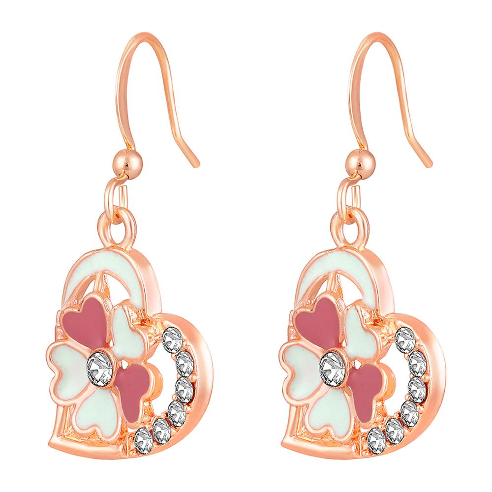 Mahi Rose Gold Plated Pink and Green Meenakari Work and Crystals Floral Heart Earrings for Women (ER1109855Gre)