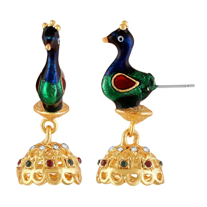 Mahi Meenakari Enamel Peacock-Shaped Dangler Jhumka Earrings for Women (ER1109866G)