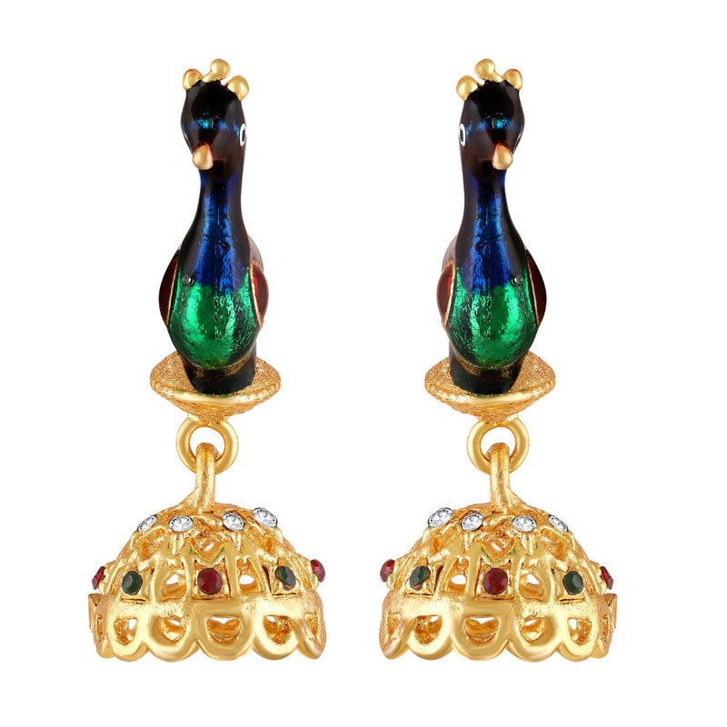 Mahi Meenakari Enamel Peacock-Shaped Dangler Jhumka Earrings for Women (ER1109866G)