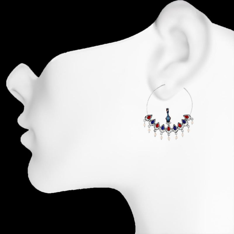 Mahi Meenakari Enamel Peacock-Shaped Big Bali Earrings with Artificial Beads for Women (ER1109867R)