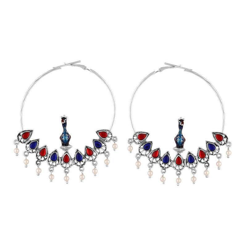 Mahi Meenakari Enamel Peacock-Shaped Big Bali Earrings with Artificial Beads for Women (ER1109867R)