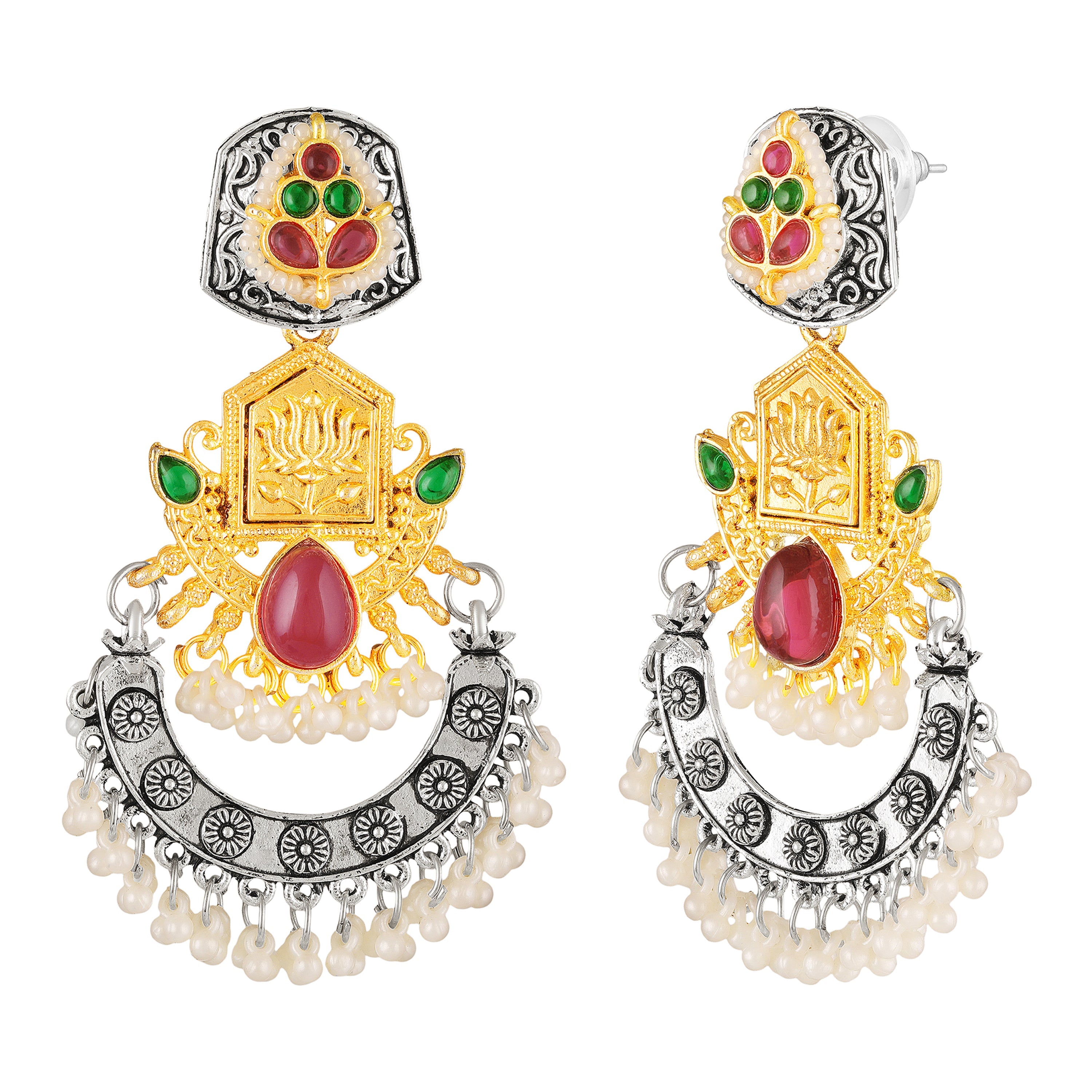Mahi Traditional Dual-Tone Temple Style Dangler Jhumka Earrings with Kundan & Artificial Pearl Beads for Womens (ER1109887M)