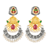 Mahi Traditional Dual-Tone Temple Style Dangler Jhumka Earrings with Kundan & Artificial Pearl Beads for Womens (ER1109887M)