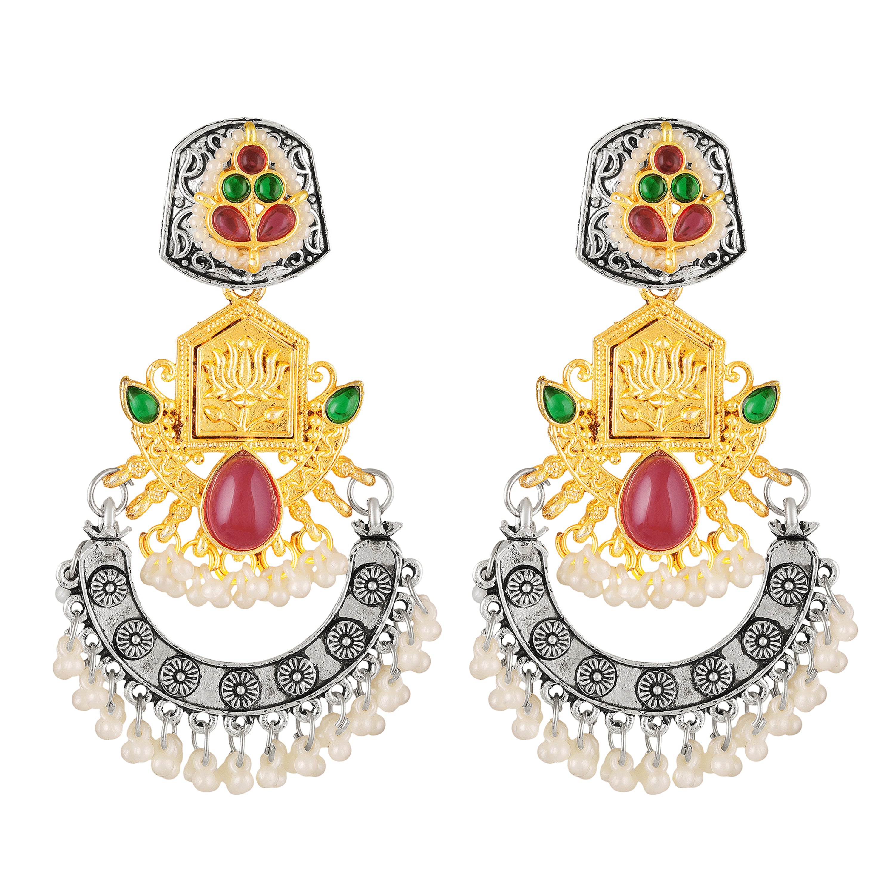 Mahi Traditional Dual-Tone Temple Style Dangler Jhumka Earrings with Kundan & Artificial Pearl Beads for Womens (ER1109887M)