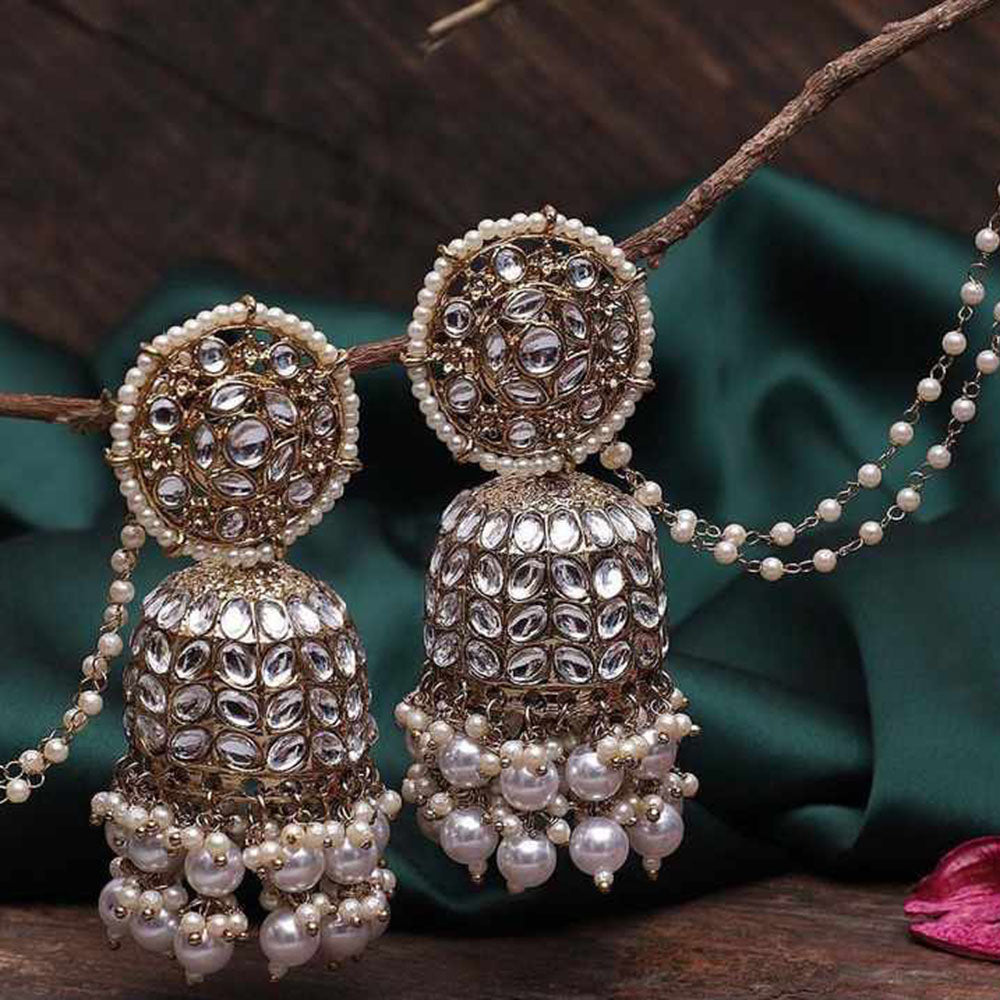 Gehana Mahal Gold Plated Kundan Kanchain Jhumki Earrings